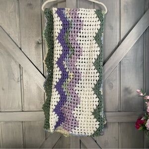 Hand knit crochet blanket throw periwinkle‎ green ivory whimsical fairy afghan